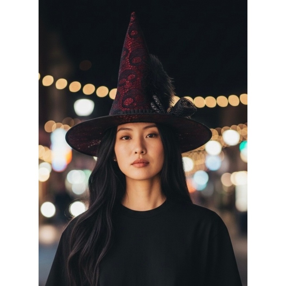 Witch Hat Blood Red Black Gothic Glam Feather Skull Lace Whimsygoth Goblincore